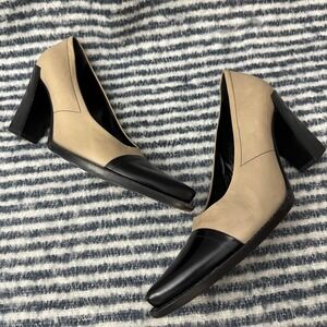 Prada Pointed Cap Toe Leather Chunky Block Heel Pumps‎ Beige Black 36.5 Italy